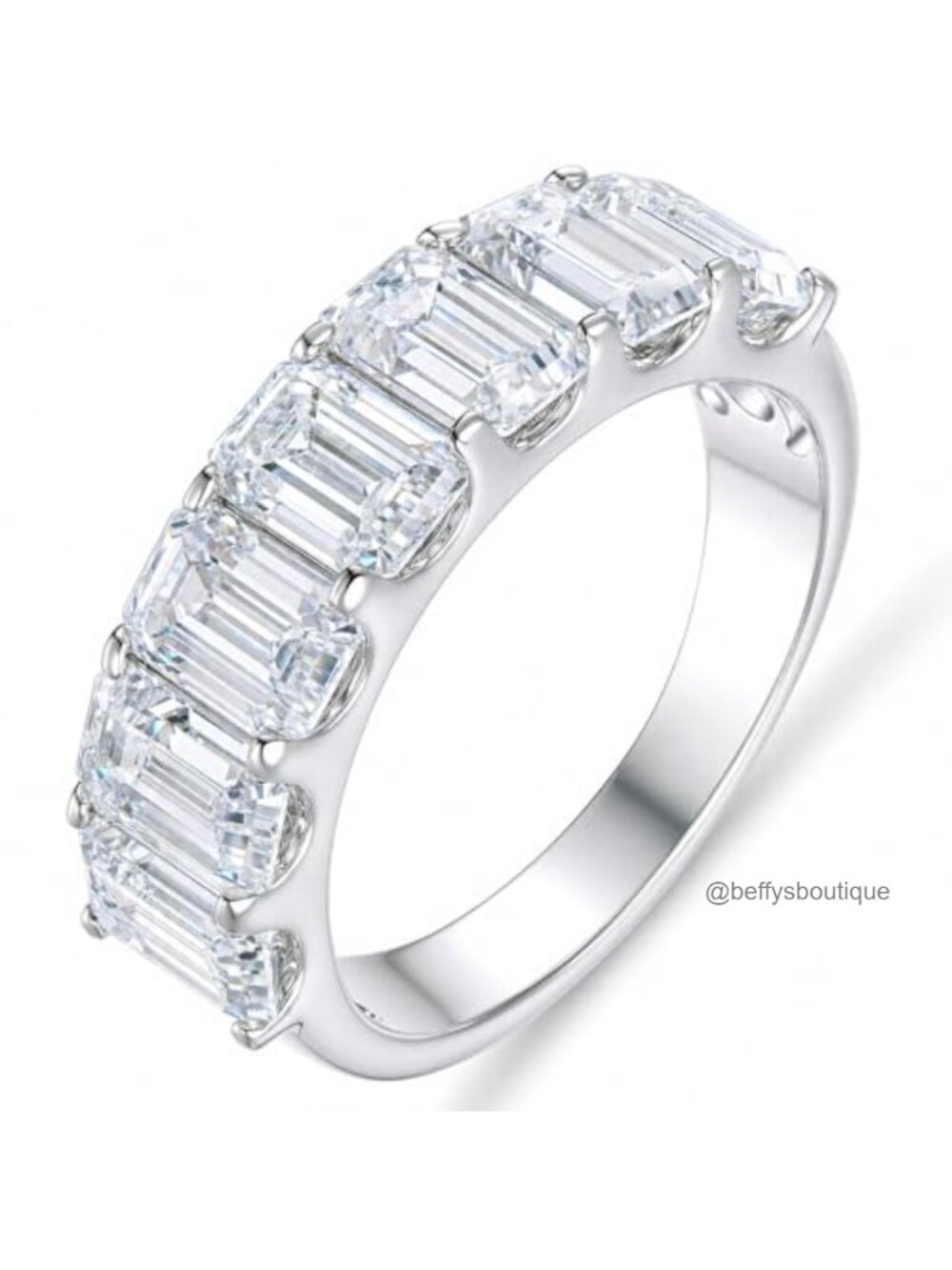Emerald Cut Moissanite Eternity Band Wedding Ring Rhodium Plated